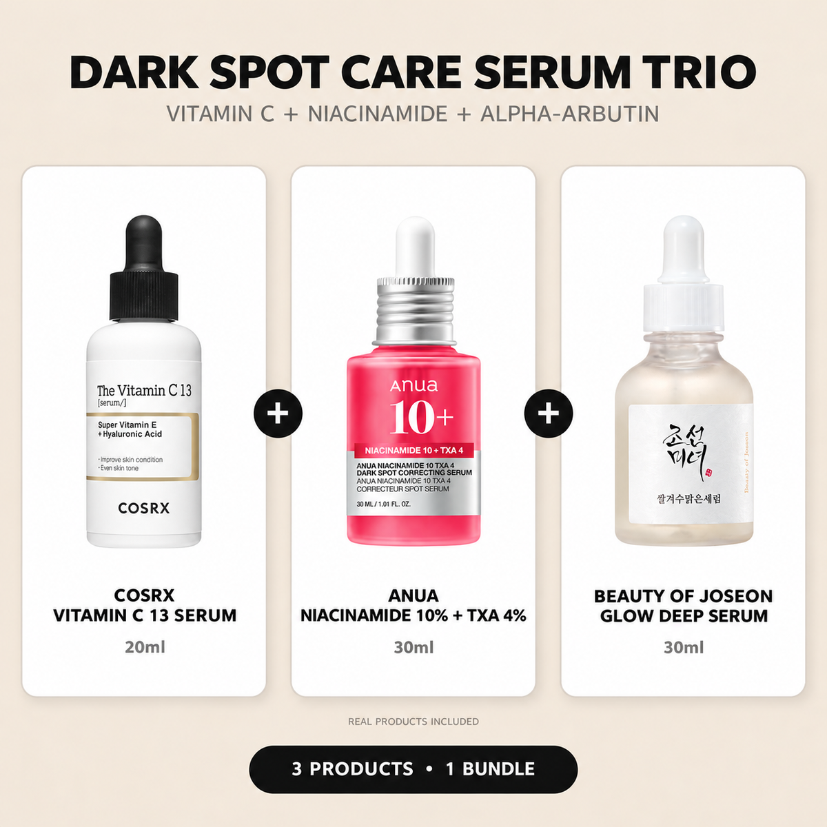 DARK SPOT CARE SERUM TRIO — COSRX VITAMIN C 13 SERUM 20ml + ANUA NIACINAMIDE 10% + TXA 4% 30ml + BEAUTY OF JOSEON GLOW DEEP SERUM 30ml