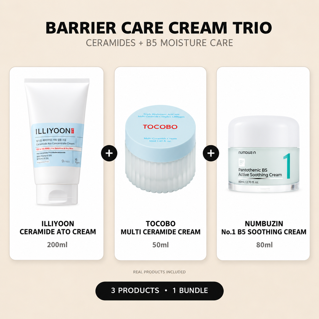 BARRIER CARE CREAM TRIO — ILLIYOON CERAMIDE ATO CREAM 200ml + TOCOBO MULTI CERAMIDE CREAM 50ml + NUMBUZIN No.1 B5 SOOTHING CREAM 80ml