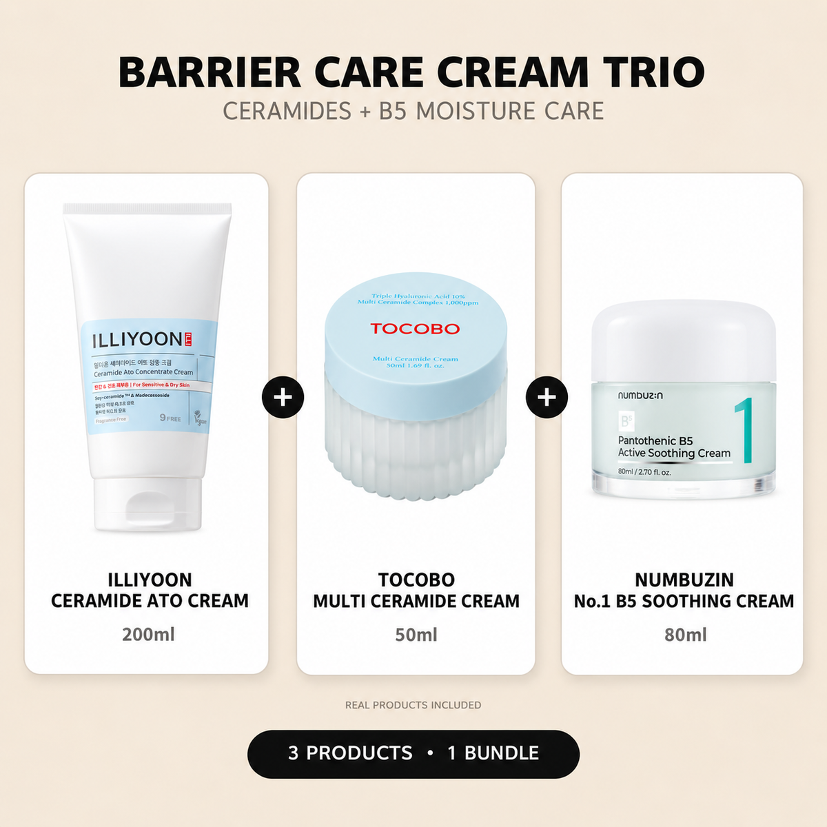 BARRIER CARE CREAM TRIO — ILLIYOON CERAMIDE ATO CREAM 200ml + TOCOBO MULTI CERAMIDE CREAM 50ml + NUMBUZIN No.1 B5 SOOTHING CREAM 80ml