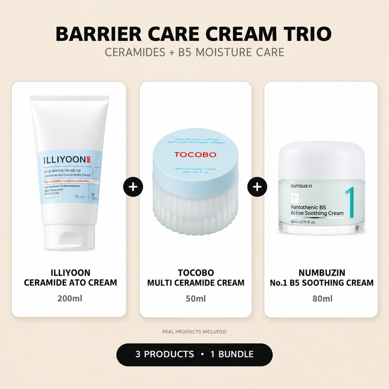 BARRIER CARE CREAM TRIO — ILLIYOON CERAMIDE ATO CREAM 200ml + TOCOBO MULTI CERAMIDE CREAM 50ml + NUMBUZIN No.1 B5 SOOTHING CREAM 80ml