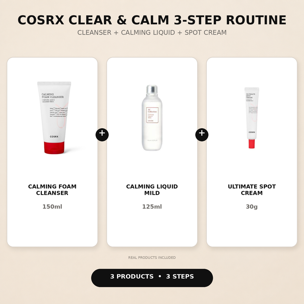 COSRX Clear and Calm three-step routine with cleanser, calming liquid and spot cream