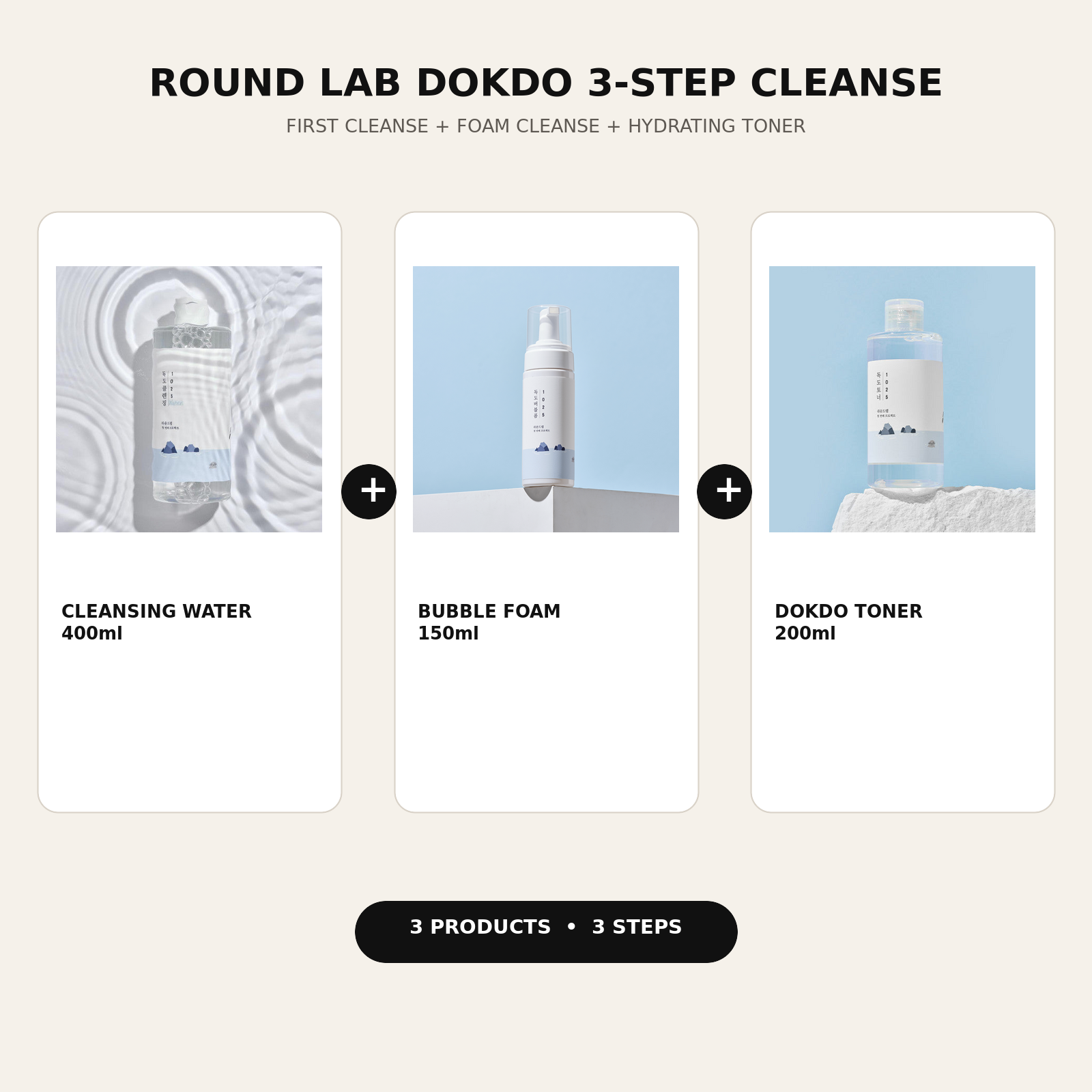 Round Lab 1025 Dokdo 3-Step Cleansing Trio with cleansing water, bubble foam and toner